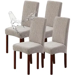 100% Waterproof Chair Covers for Dining Room, Stretch Parson Chair Slipcovers for Kitchen Chairs, Washable Chair Protectors, Leaves-Warm Gray