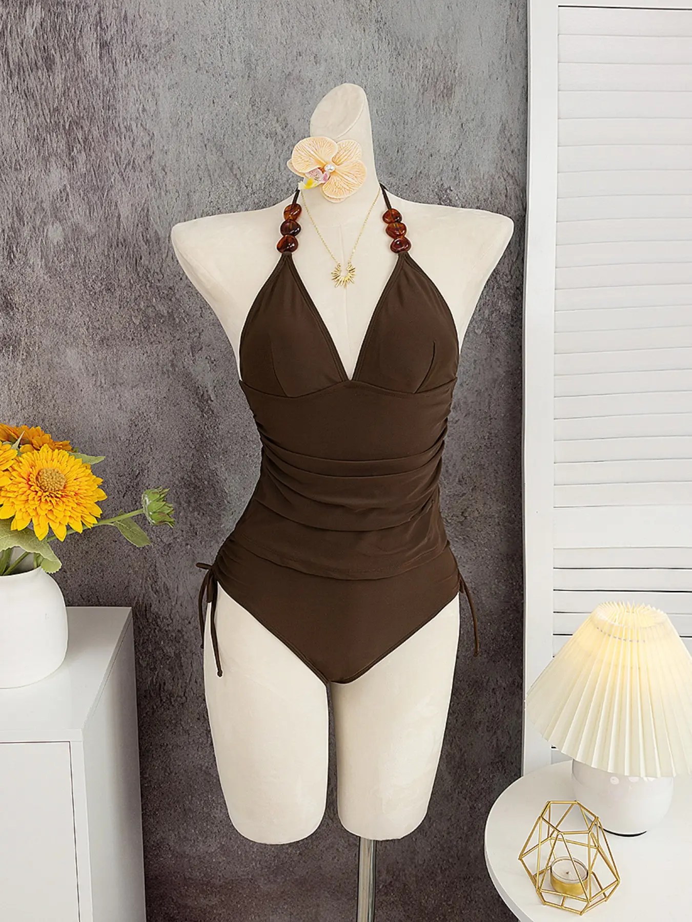 Women's Two-Piece Tankini Set, Plain Design with Resin Irregular Beads, Comfortable Fashion Tankini Swimsuit for Pool Beach Daily Use