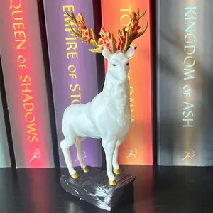 Northern Lord Bookshelf Decor - White and Golden Stag with Flaming Antlers Fae Figure - 3D Printed Bookish Decor