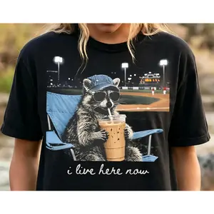 Lady Short-Sleeve Round Neck Varsity Racoon Funny Ballfield Dark T-Shirt, Baseball Mama Graphic Top, Softball Clipart Tee, Travel Tournament Gift, Casual Everyday Sports Wear Womenswear,summervibes