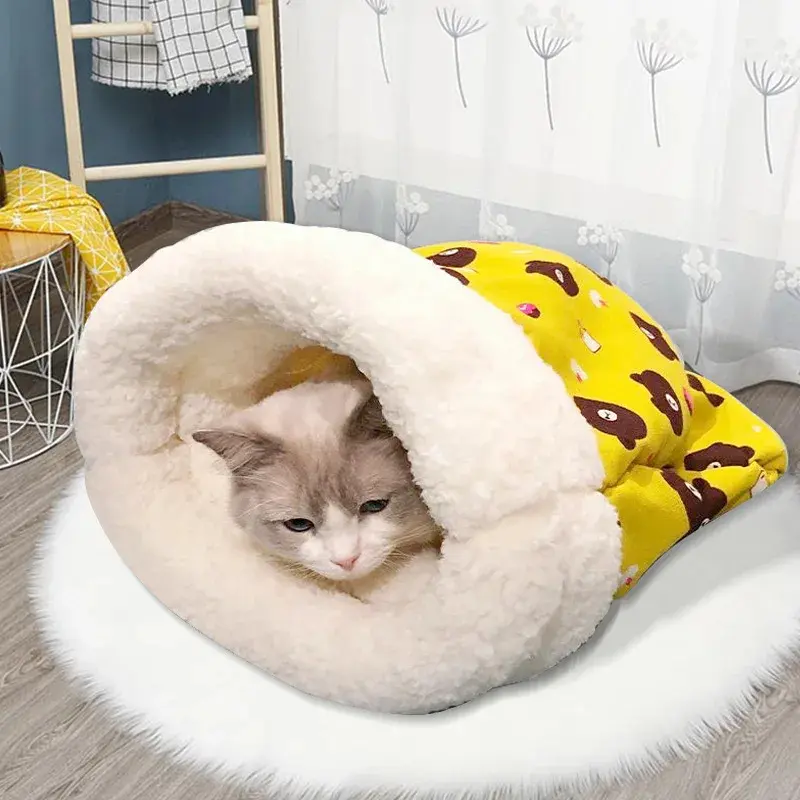 Soft Plush Pet Sleeping Bag for Cats & Small Dogs - Cozy Warm Pocket Bed with Fluffy Cushion