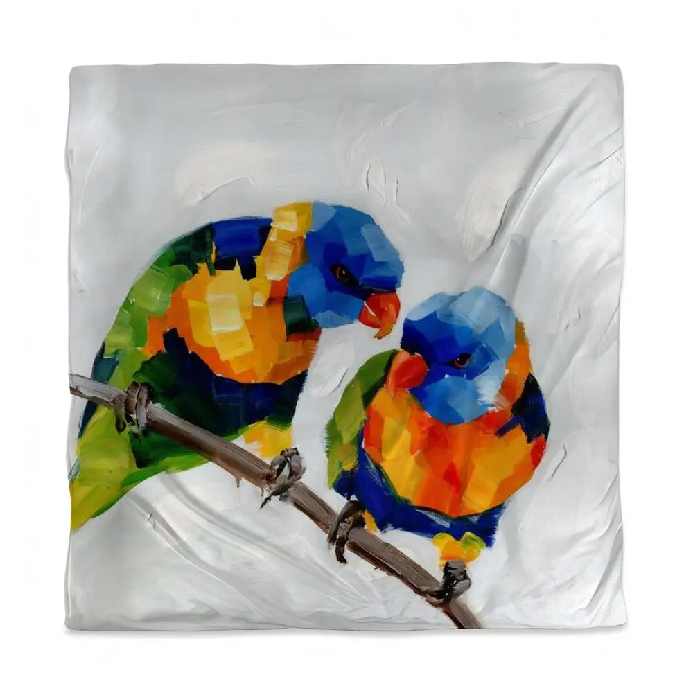 Queen Size Custom Artwork Microfiber Duvet Cover with 360 Stand - 3817-SWCQ-AN37, Blue Bird & Parrot Couple Animal Motif, Tropical Boho Modern Style, Hidden Zipper, Printed Surface, Decorative Bedding, Tropical Birds Themed, Colorful Fantasy Home Decor, A