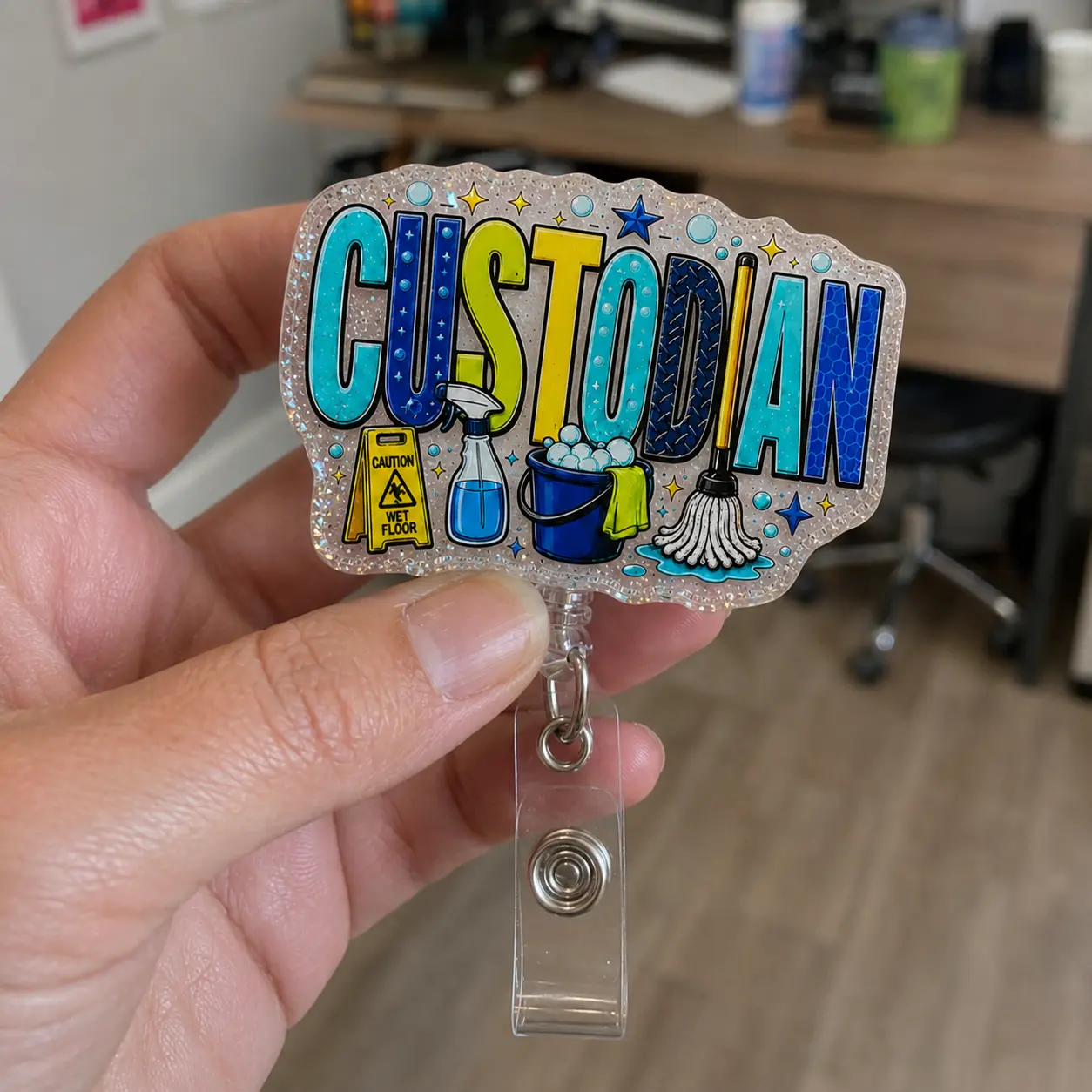 Badge Reels for Custodians, Cute Colorful Custodian Acrylic ID Holder, Retractable Clip School Janitor Cleaning Crew Gift