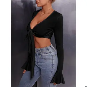Top Tie SXY tiktok Flounce Sleeve Front Crop