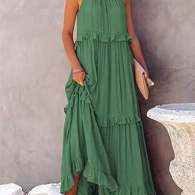 Women's Casual Lotus Leaf Edge Dresses, Polyester Sleeveless Solid Loose Fabric Dresses