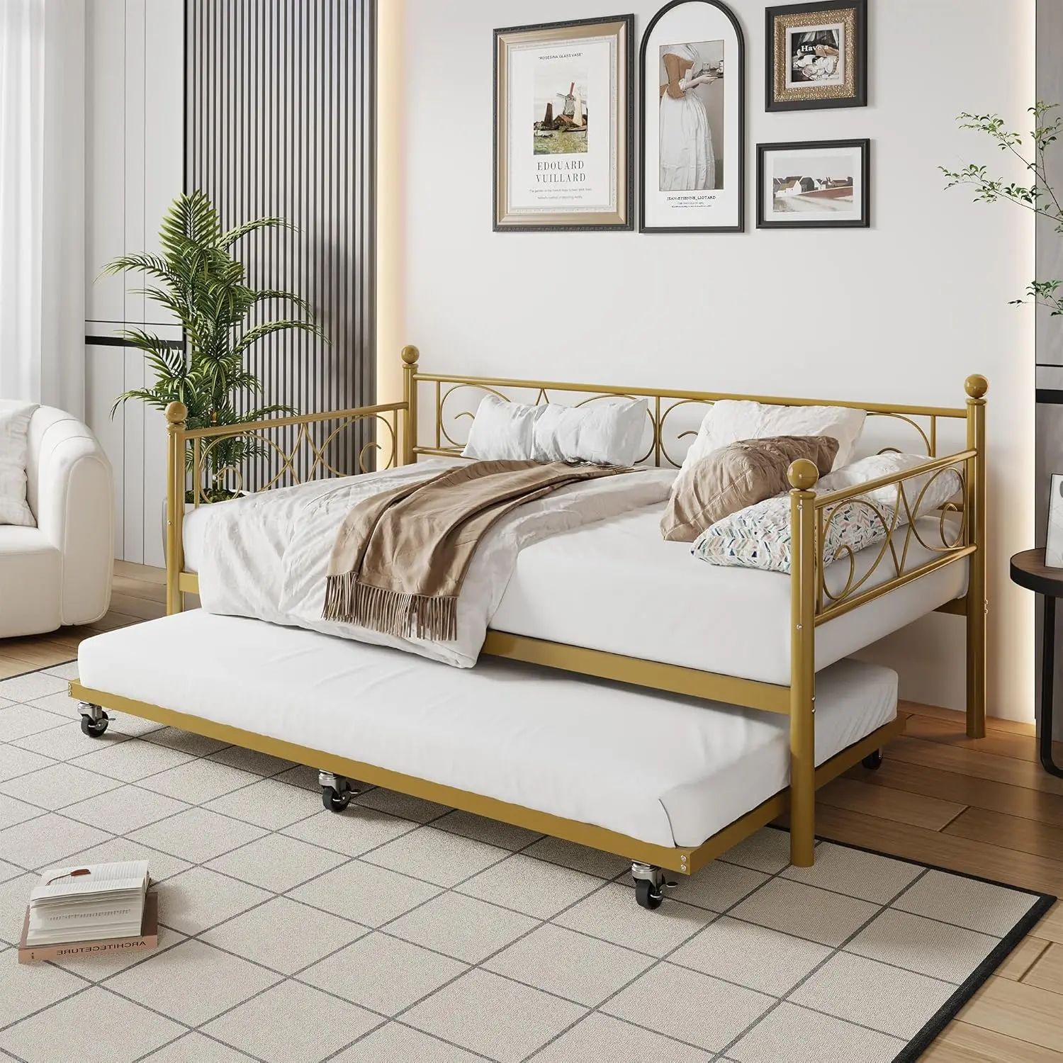 Gaomon Modern Twin-Sized Metal Frame Sofa Bed with Trundle Bed, Powder-Coated Heavy-Duty Structure, Slats, Classic Motifs, Tool-Free Space-Saving Gold Storage Pull-Out, 300 – 349 Lb Capacity, Assembly Required, No Box Spring Needed for Living Room, Bedroo