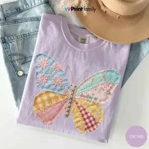 (Print) Comfort Colors Faux Patchwork Butterfly T-Shirt, Spring Butterfly Shirts, Shirts for Women, Floral Spring Patchwork - Printfamily