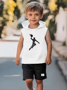 Boys Summer Sleeveless Hoodie Shorts Set, 3-10 Years, Athletic Basketball Silhouette, Breathable Stretch Fabric, Casual Style, Perfect for Travel Camping Birthday Gift