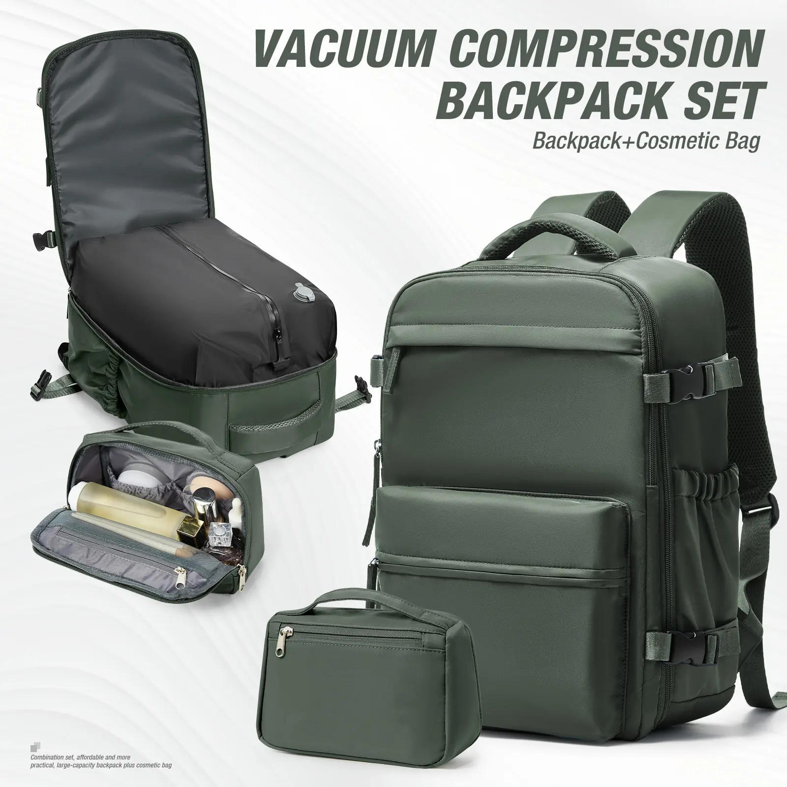 HYC00 Vacuum Compression Travel Backpack with Pump - Durable, Adjustable, Airline-Approved Casual Carry-On, Large Outdoor Hiking Rucksack for Men and Women, Travel Essential Bag (Green, Black), Durable Backpack, Adjustable Backpack
