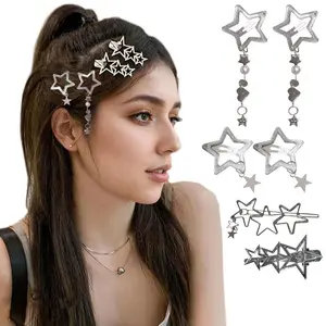 6Pcs Silver Star Hair Clips Y2K for Women Girls Long Short Curly Thin Thick Metal Barrettes Bulk Kawaii Accessories Cute Pins Styling Tools