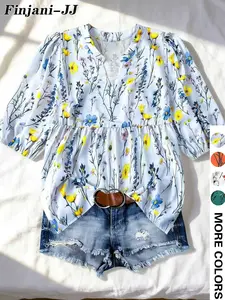 Fresh Wildflower Print V-Neck Bubble Sleeve Loose Doll Top, Casual Vacation Plus Size Shirt, Women's Fashion Blouse, Womenswear