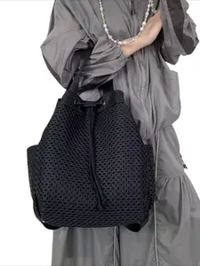 Ladies' mesh fashionable casual large capacity shoulder bag, retro street style city bag, multifunctional backpack, drawstring design front pocket simple handbag, suitable for daily use and vacation