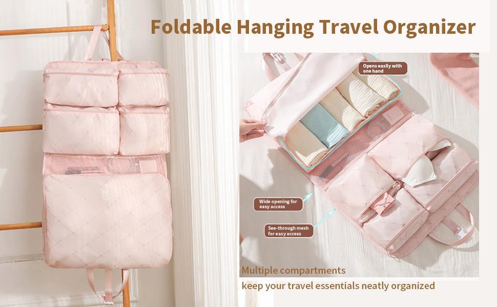 Hanging Travel Organizer with Compression Packing Cube, Multi-Layer Storage for Socks Underwear & Bras, Foldable Luggage Organizer for Suitcase and Carry-On Travel  storage bag portable cosmetic large capacity storage bag set toiletry lightweight