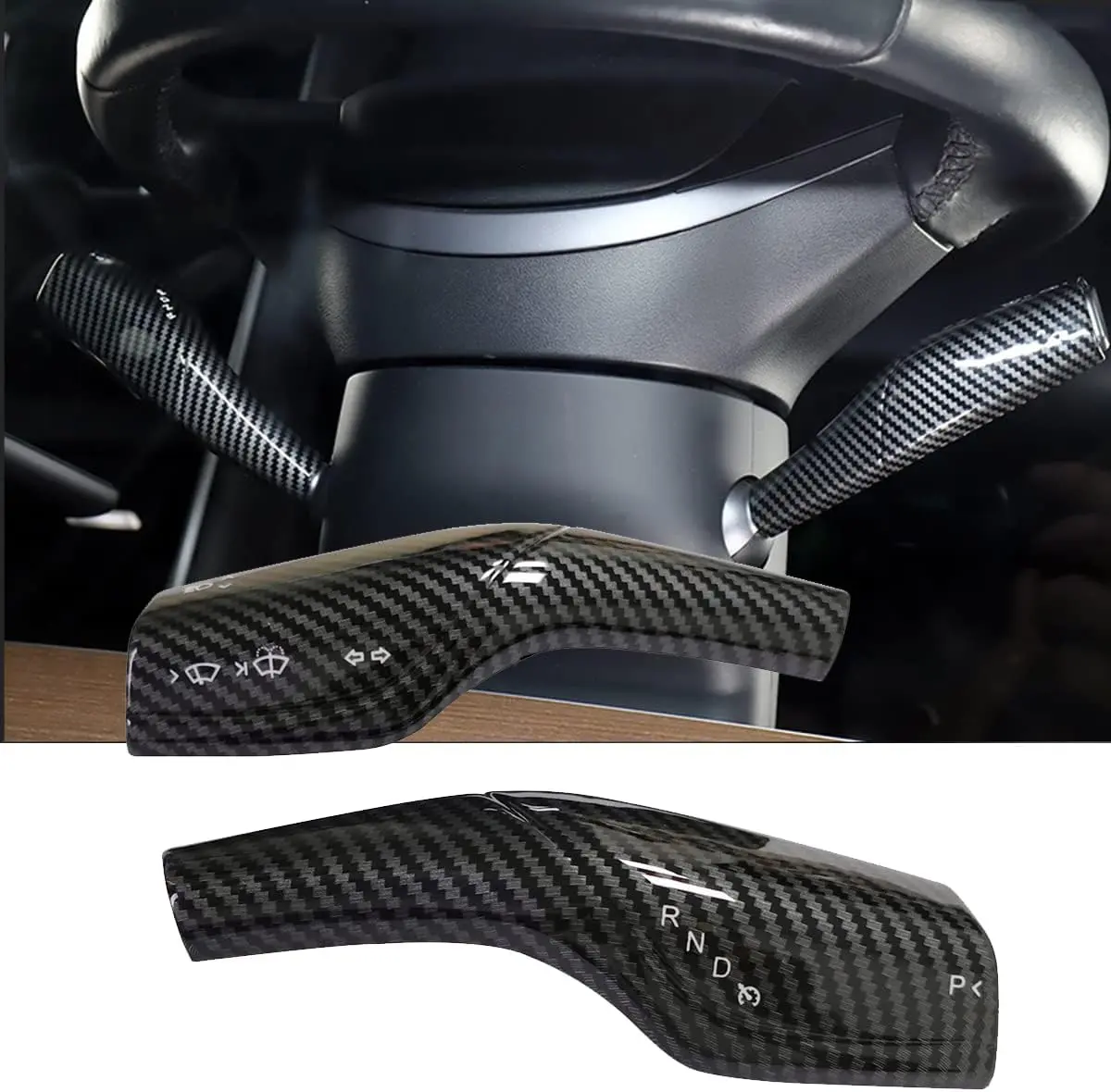 Gear Shift & Turn Signal Stalk Covers Compatible with Tesla Model 3 Model Y, 2-Piece Carbon Fiber Pattern Steering Column Lever Trim Accessories