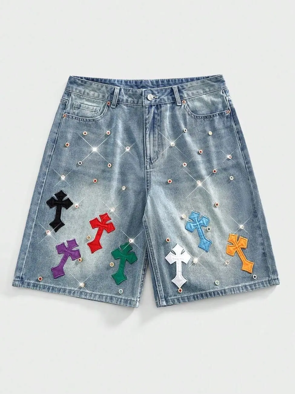 Men shorts - Men's Rhinestone Cross Denim Shorts, Distressed Embroidered Jean Shorts, Casual Summer Streetwear summer clothing trending clothing trending clothes male clothing summer clothes shorts for the summer summer men clothes streetwear