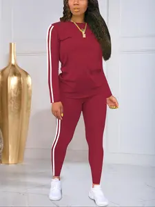 Women's summer round neck long sleeve trousers suit leisure sports home, classic solid color spring basic style. Sleeves and pants side stripes personality casual style Sweatsuit Matching Set