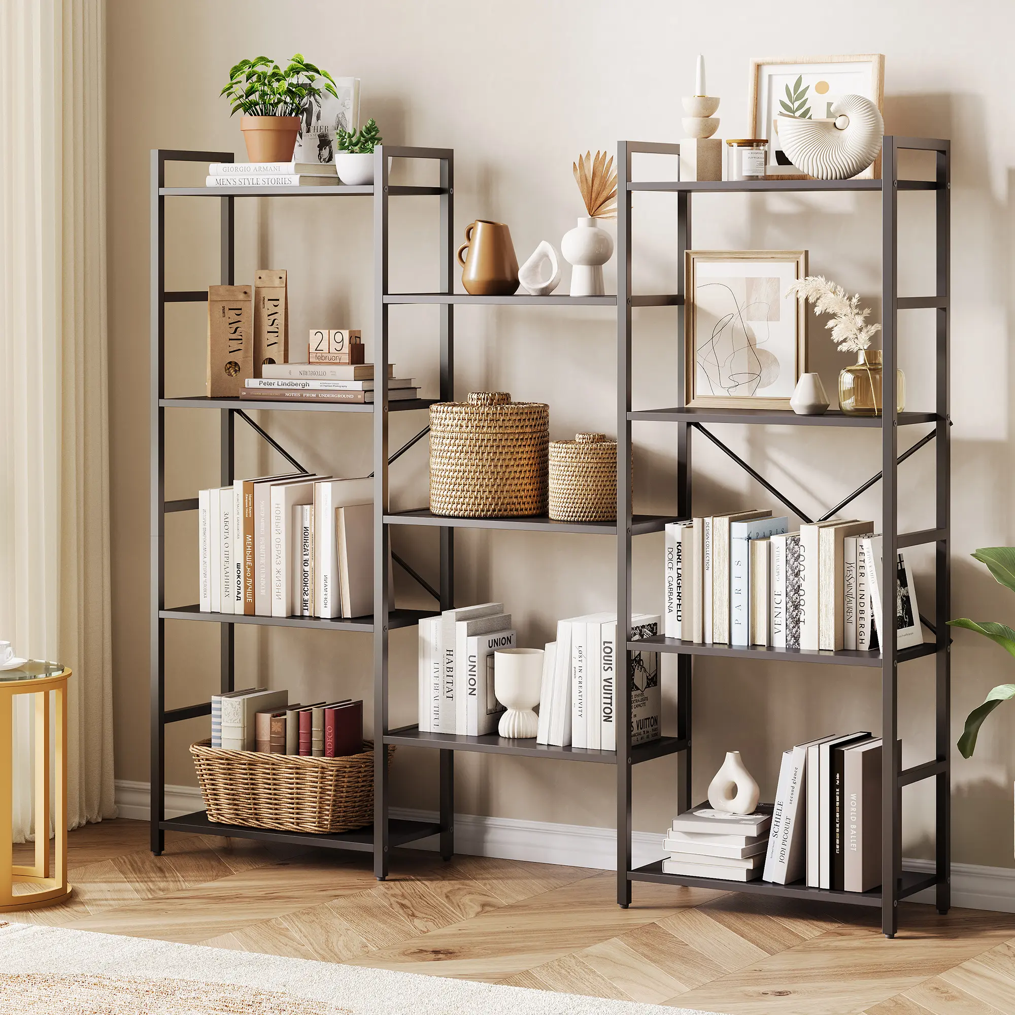 Industrial Triple Wide 4-Tier Office Bookshelf - 11 Adjustable Open Waterproof Metal Frame Shelves, Spacious Modern Storage, 100lb Heavy Duty Organizer, Fits Art & Records, Easy Setup, 62.2"x10.2"x54.6" for Home Office