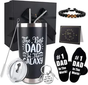 Father's Day Gift Dad Gifts, 8PCS Fathers Day Gift Includes 20oz  with Lid Straw Brush Socks Bracelet Key Chain Thanks Card Gift Box, Best Dad Ever Gifts from Daughter Son Kids for Christmas Birthday