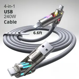 240W 4-in-1 Fast Charging Silicone Alloy Cable (6.6FT) with Breathing Light, USB A/C to C/L Multi Charging Durable Adapter Cable for Smartphone, Compatible with all Cellphones Electronic Charger