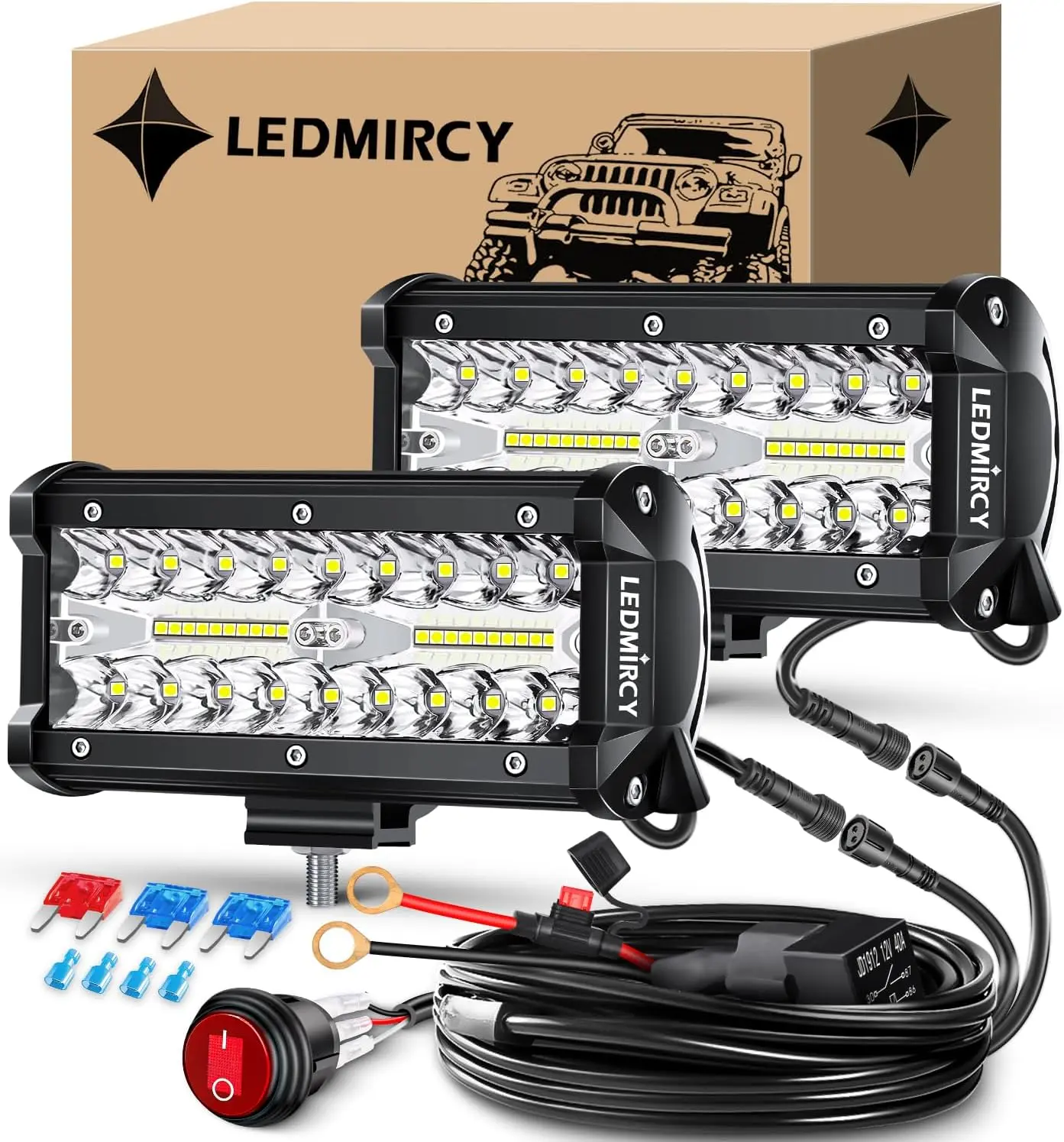 LEDMIRCY 7 Inch LED Light Bar Kit with Round Toggle Switch, 2PCS White LED Pod Lights, IP68 Waterproof Off-Road Lights for Truck, ATV, UTV, SUV, Jeep