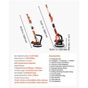 VEVOR Drywall Sander, 1150W Electric Drywall Sander, Popcorn Ceiling Removal Tool with Vacuum Dust Collection, 5 Variable Speed 800-1700 RPM, LED Light, Foldable Extendable Handle, 15 Sanding Discs