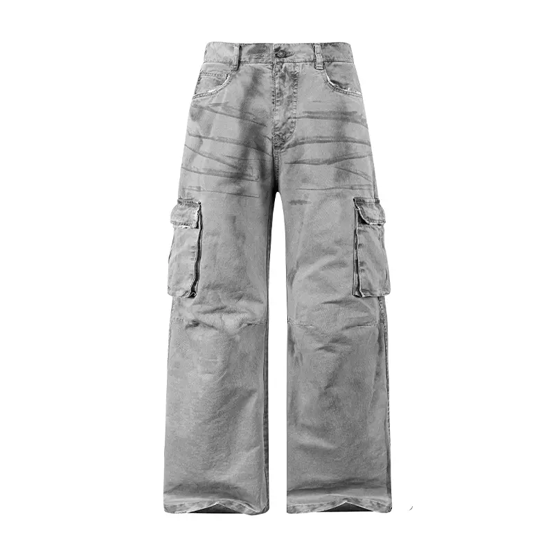 FAIABLE Grey Washed Cargo Pants for Men & Women – Baggy Fit Utility Streetwear Trousers with Side Pockets
