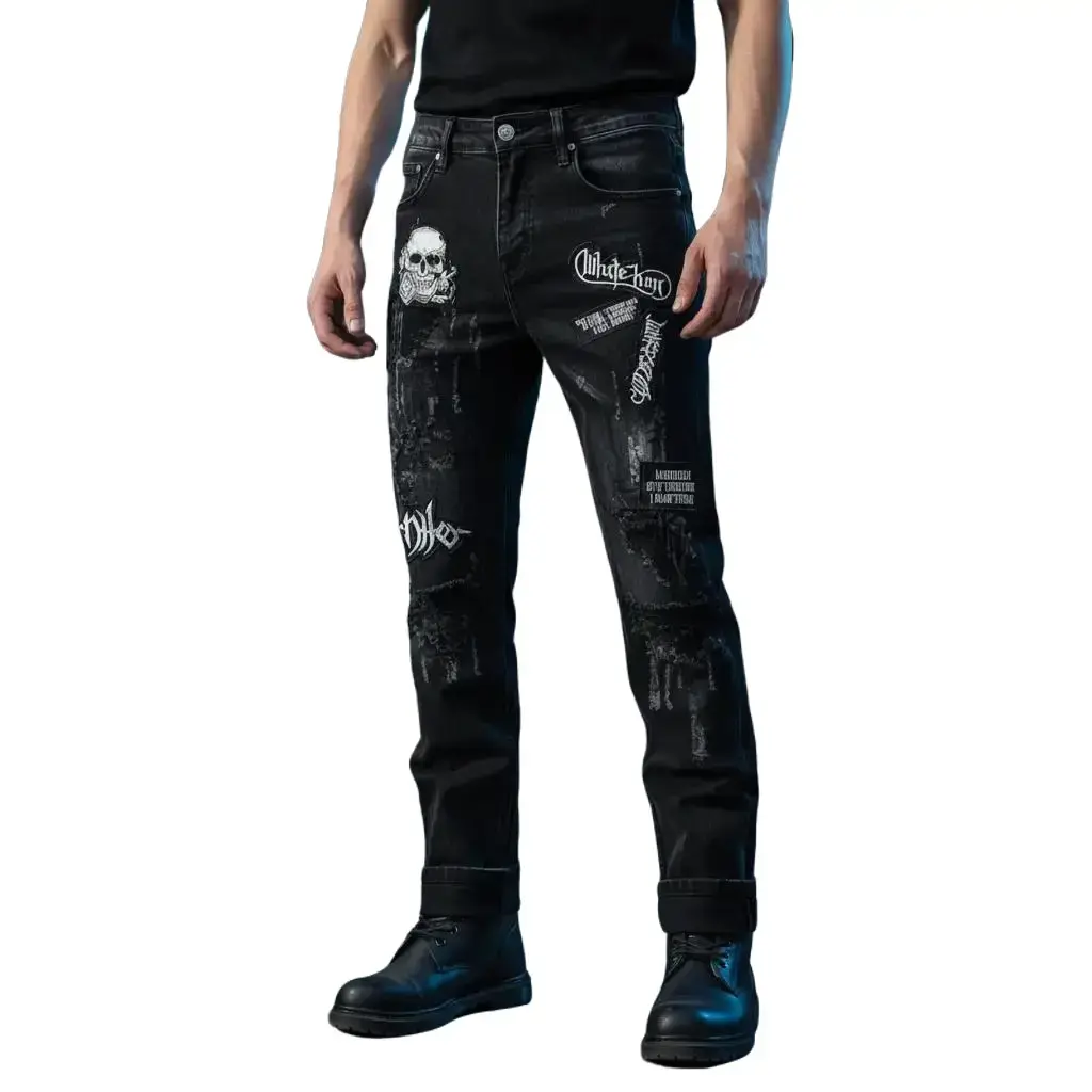 Men's Slim Fit Cotton Distressed Denim Jeans - Cuffed, Rockstar Skull Graphic Embroidered, Gothic Menswear Biker Pants (Y2K Grunge, Punk Aesthetic)   Black Ripped