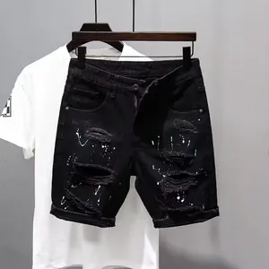Boys' Personality Beggar Ripped Five-point Pants In Summer Versatile Slim Fit Handsome Black Denim Shorts