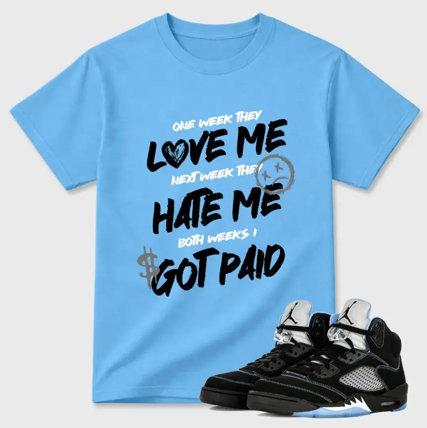 Love Me Shirt To Match 5 Retro Black University Blue White 2026, Black/University Blue Sneaker Matching Shirt, Cotton Unisex Graphic T-Shirt