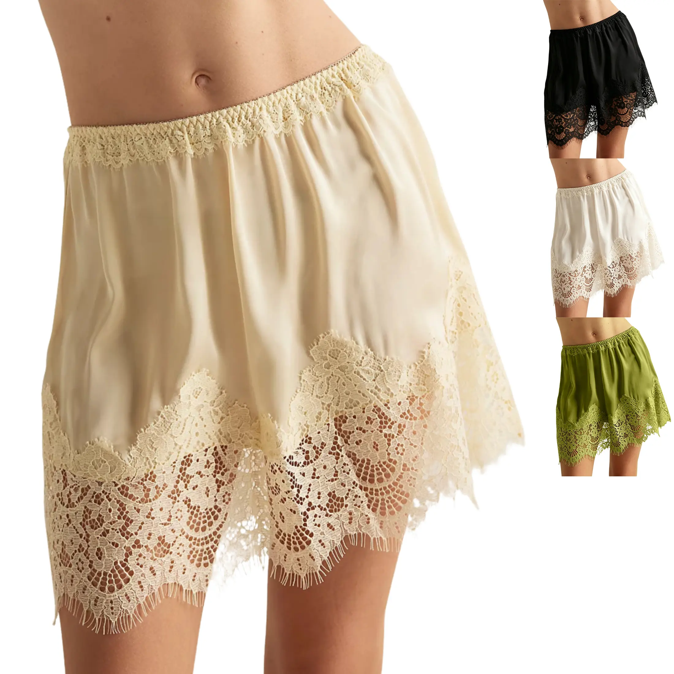 Kingapril Women’s Satin Silk Lace Mini Skirt, Y2K Cute Coquette Satin Mini Skirt, 2026 Spring Summer Low Rise Lace Trim French Knickers Style Micro Mini Skirt.