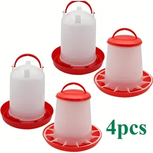 Two sets of hanging chicken feeders and water dispensers, made of plastic material. This poultry water dispenser and 6.59-pound feeder do not require batteries or electricity