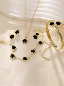 Women's Jewelry Set with Flower Design Pendant Necklace Ring Bracelet Earrings, Elegant Gift for Her, Fashion Accessories, Floral Theme