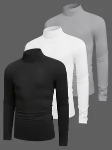 autumn outfit Men's Long Sleeve High Neck T-Shirts 3-Pack, Casual Fitted Plain Design, Breathable Elastic Fabric, Athletic Training Apparel, Perfect for Sports & Outdoor Activities