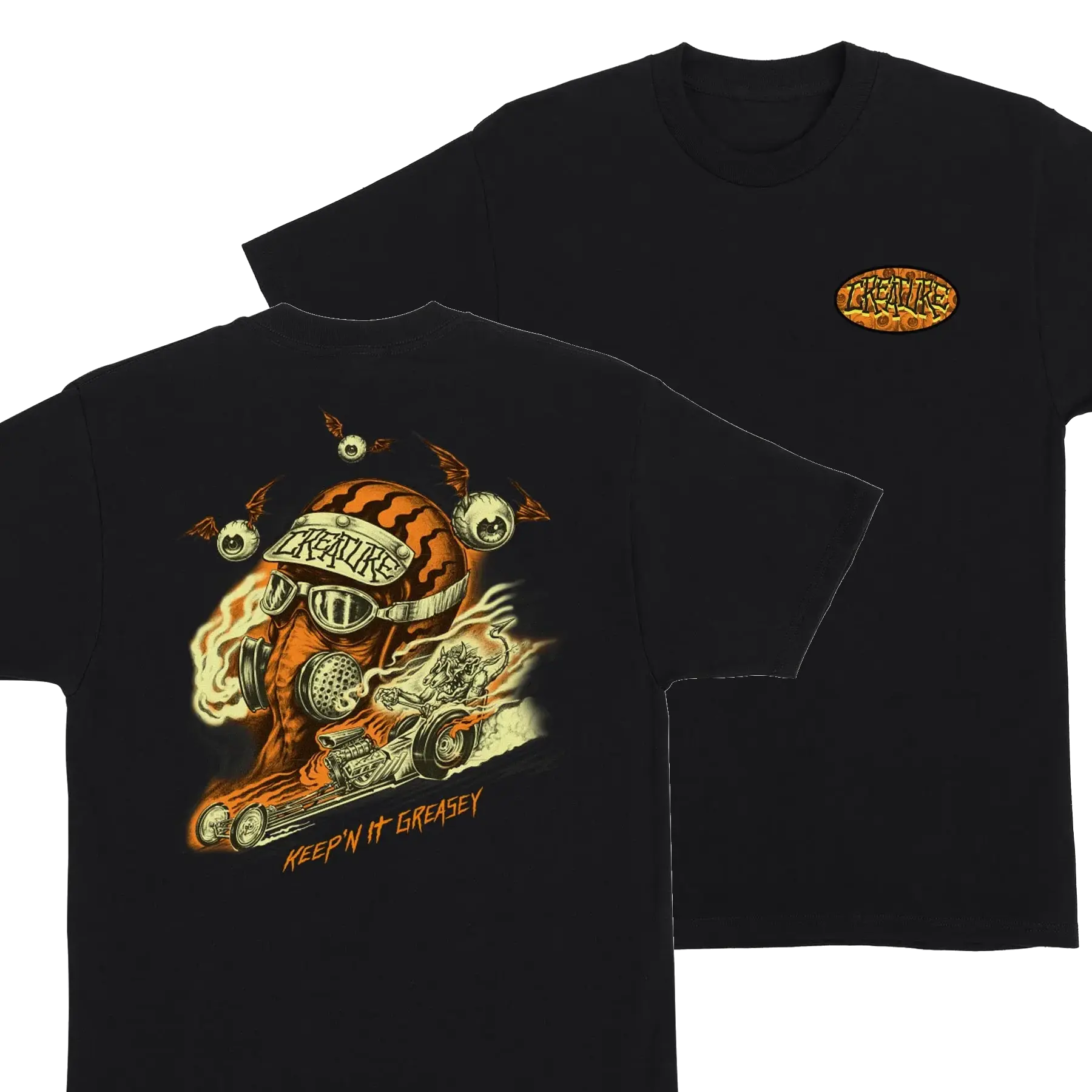 Creature Keep'n It Greaseye T-Shirt – Hot Rod Monster Dragster Graphic Tee, Premium Black Cotton Apparel Vintage Streetwear Novelty Gift for Mechanics, Car Guys & Hotrod, Menswear Top Streetwear Casual