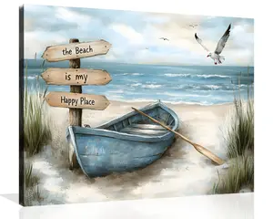 Beach Boat Canvas Wall Art Seagull Canvas Poster Coastal Boat Pictures Farmhouse Sea Bird Ship on Beach Painting Coastal Ship Prints for Living Room Bathroom Wall Framed