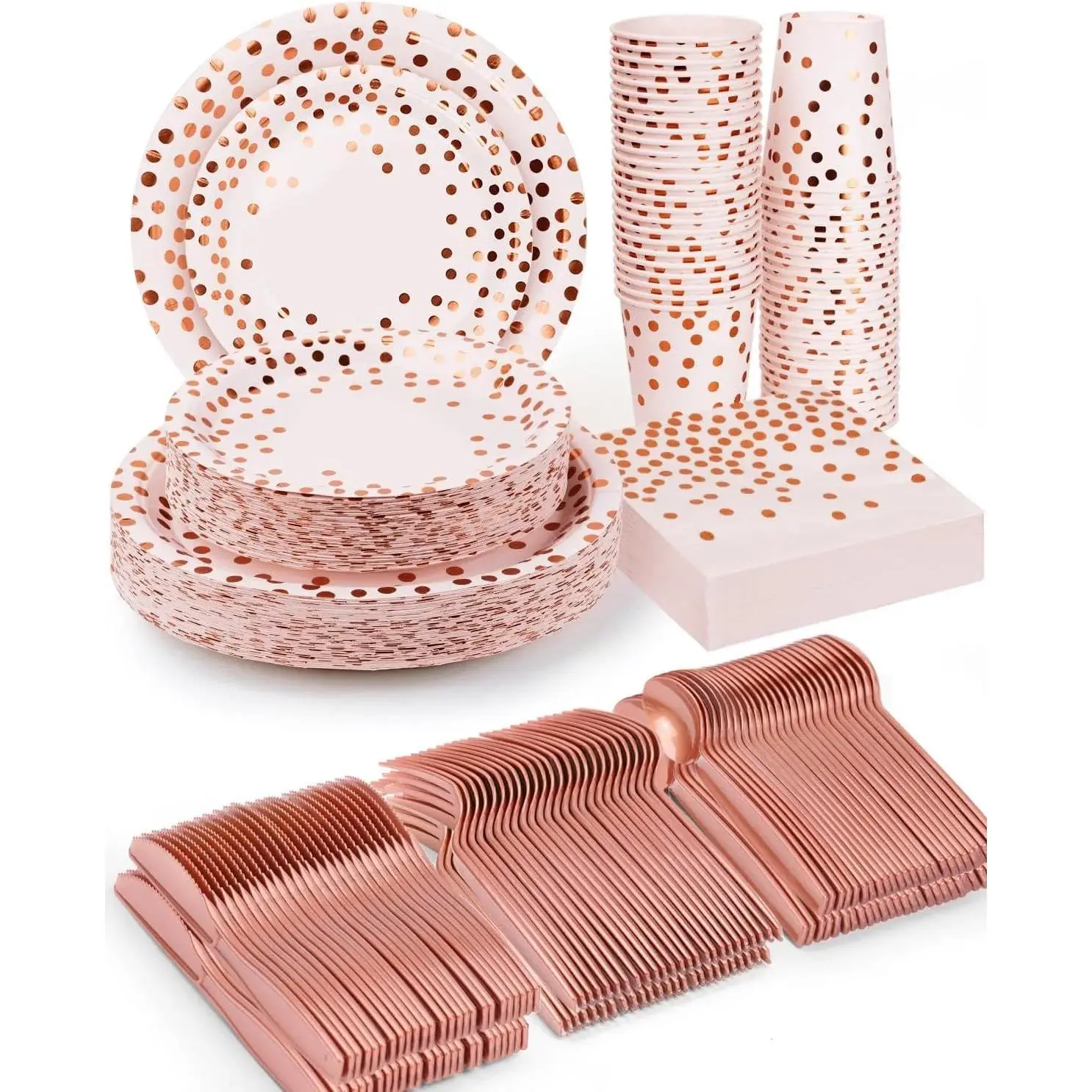 Chic Pink Background Polka Dot Disposable Tableware Set (50 Sets, 350 Pieces) - Plates, Cups, Napkins, Includes Utensils, Sturdy Plastic Knives-Forks-Spoons for Wedding, Anniversary Celebrations, Glamorous Look
