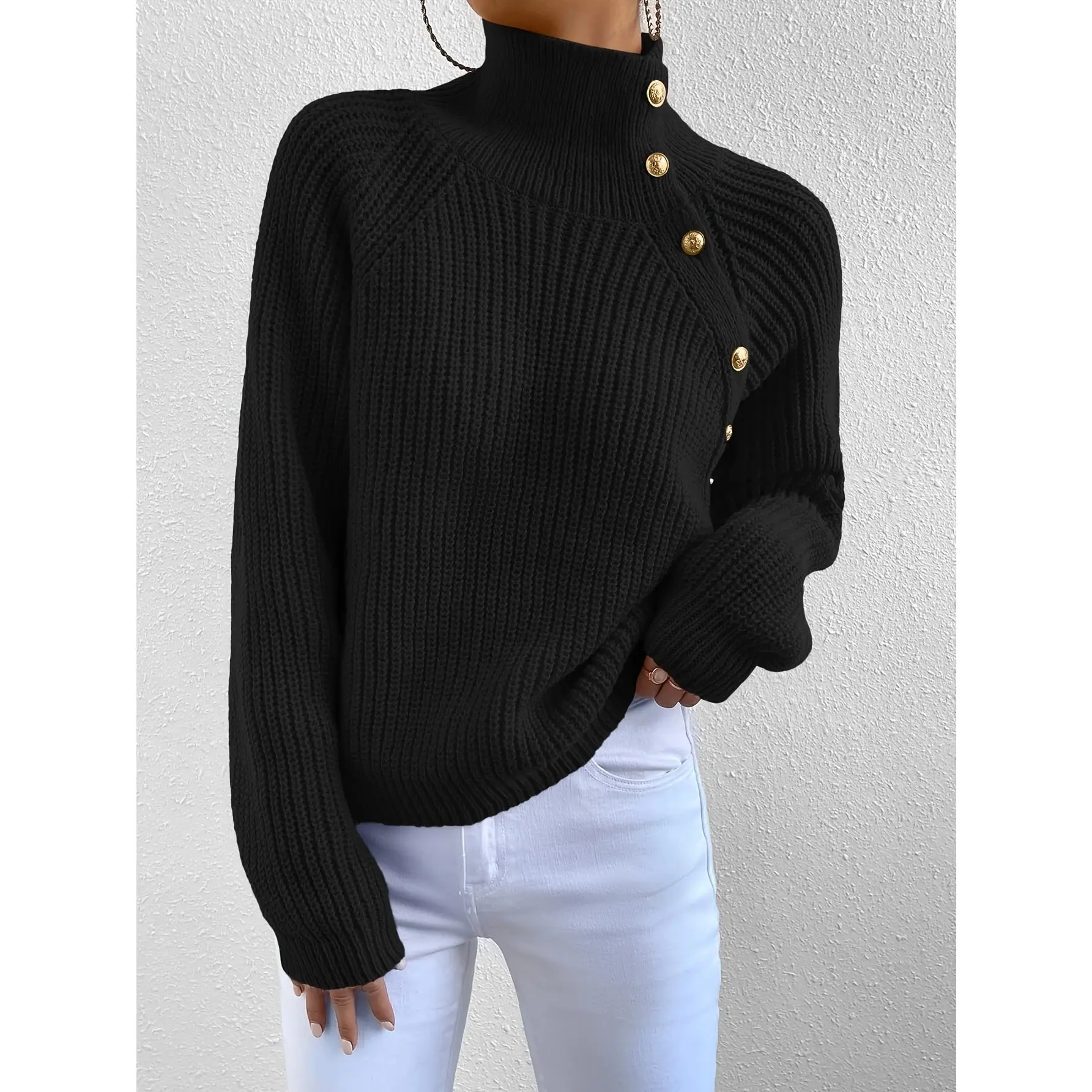 Lady's Elegant High Neck Knitting Sweater, Classic Soft Pullover with Longsleeves for Casual Office Wear