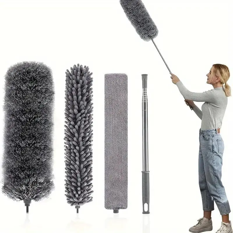 4-piece set of Adjustable & Bendable Microfiber Duster - 3 replaceable cleaning brush heads + 1 retractable rod - Washable, Reusable Home Cleaning Tool, House Cleaning Tools, Cleaning Supply, for High Ceilings, Furniture, and Cars