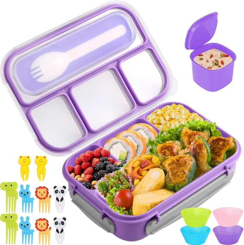1300ML Leak-Proof Bento Lunch Box with 4 Compartments, Food Picks & Cake Cups, Microwave Dishwasher Freezer Safe Lunch Container for Kids, Toddlers & Adults (Purple)