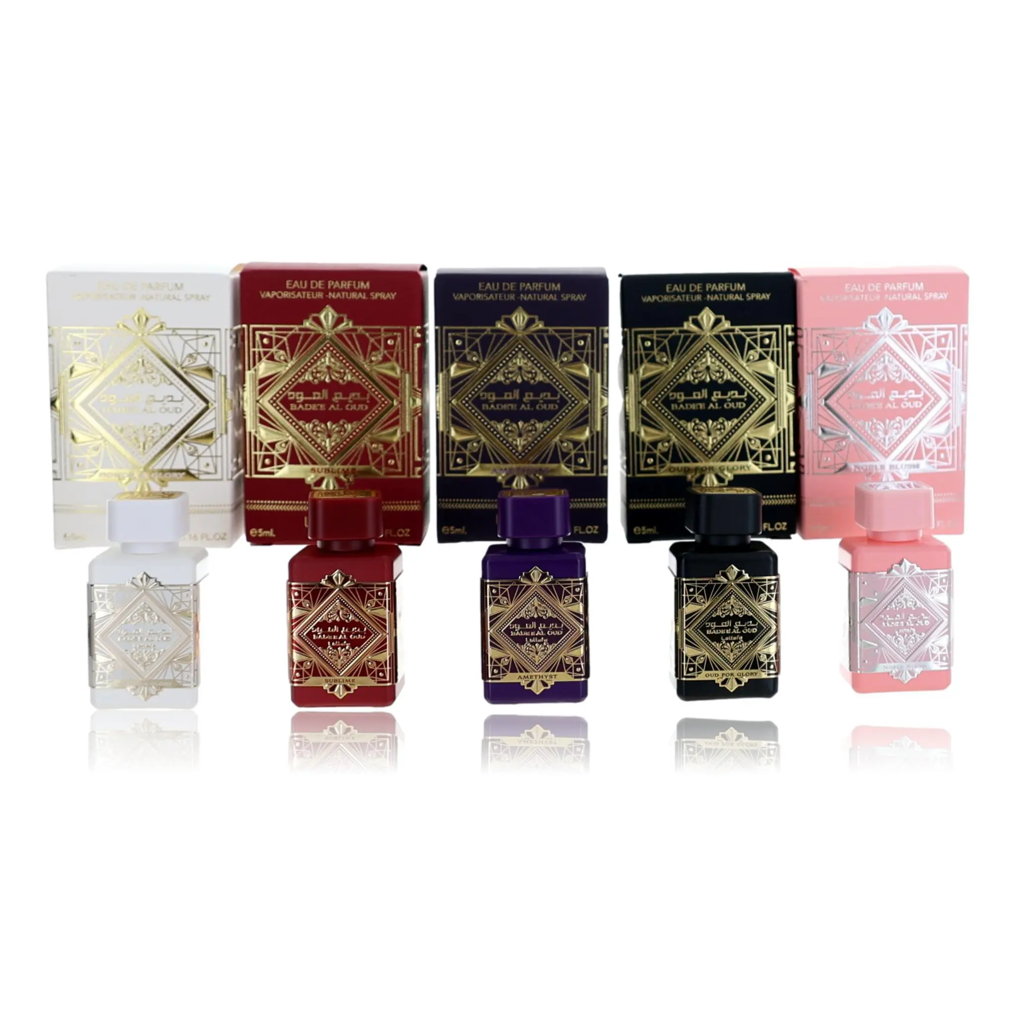 Badee Al Oud Collection by Lattafa for Unisex - 5 Pc Mini Gift Set 0.16oz Noble Blush EDP Splash, 0.16oz Sublime EDP Splash, 0.16oz Oud for Glory EDP Splash, 0.16oz Amethyst EDP Splash, 0.16oz Honor and Glory EDP Splash