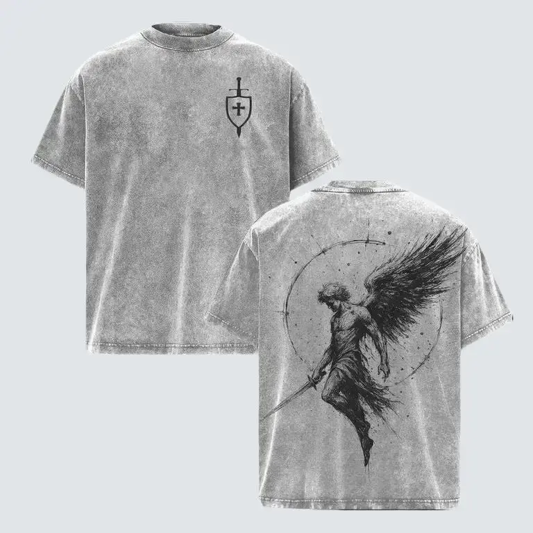 Men's Relaxed Fit Graphic Tee, Acid Washed T-Shirt with Archangel Graphic, Premium Cotton Christian Streetwear for Casual Wear, Graphic Tees