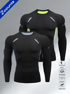 Men's Long Sleeve Training Shirts, Comfortable Breathable Design, Perfect for Running and Fitness Exercises, 2 Piece Set