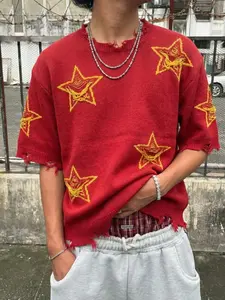 Men's Vintage Colorblock Star Print Ripped Hem Short Sleeve Knit Sweater, Casual Streetwear Loose Fit Top