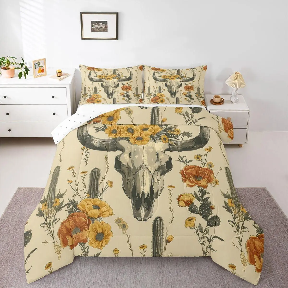 Bull Skull Comforter Set,| Cactus Tropical Vintage Floral Bedding Set,Ancient Mysterious Flower Down Comforter Boho Tribal Symbol Quilt Soft Warm,