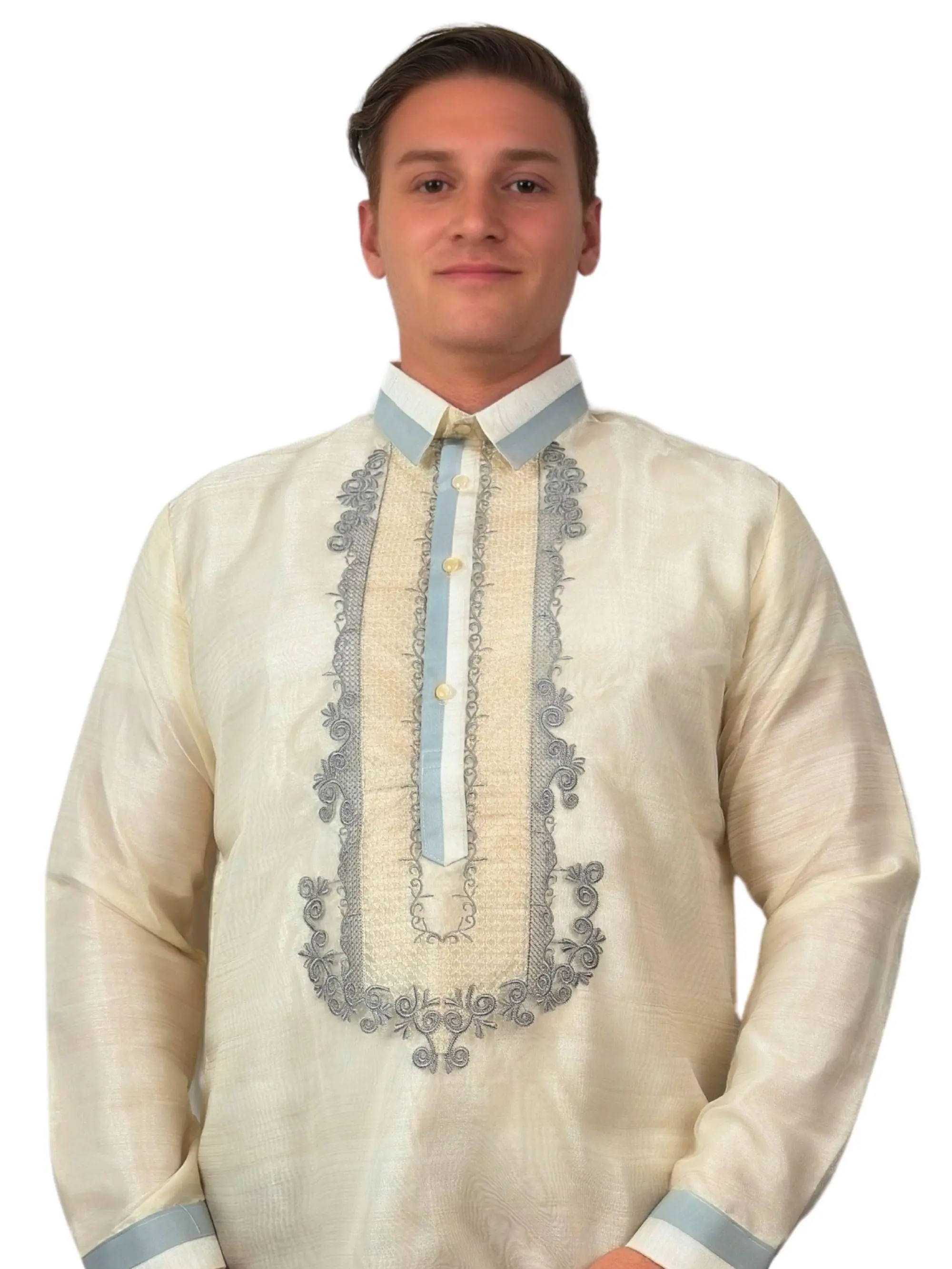 Handmade Kapamilya Barong Tagalog for Men - Long Sleeve Traditional Filipino Shirt - White and Gray Organza - US Size