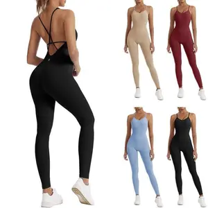 PLNOTME Womens One Piece Backless Jumpsuits Casual Spaghetti Straps Bodycon Ribbed Seamless Unitard Leggings Romper