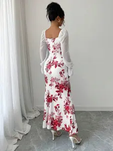 New Women's Square Neck Bow Chiffon Bubble Sleeve Dress, Perfect for Dates, Parties, Daily Wear, Slimming Waist, Elegant Youthful, Spring Summer Fall