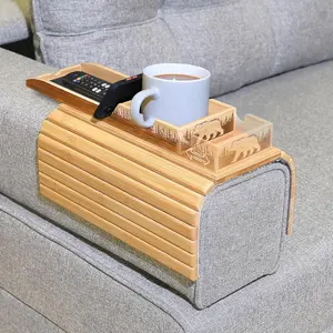 Bamboo Couch Cup Holder Tray – Non-Slip & Foldable Sofa Arm Table & Side Table for Living Room| Home Goods, Couch Accessories, Couch Console Tray
