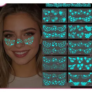 Blue Glow-In-The-Dark Freckle Face Stickers, Various Butterflies Flowers Monkeys, Waterproof One-Use Facial Tattoo, 10 Sheets