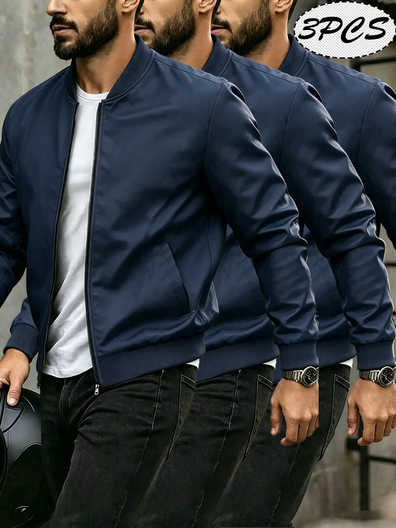 Men's 3-Piece Pilot Jacket Set, Classic Zipper Lightweight Baseball Jacket, Casual Slim Fit Flying Coat, //navy Colors